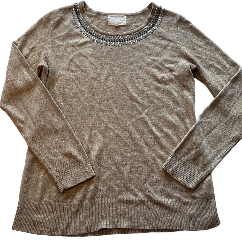 Debbie Morgan Beige Light Weight, Scoop Neck, Jeweled Collar Sweater- M